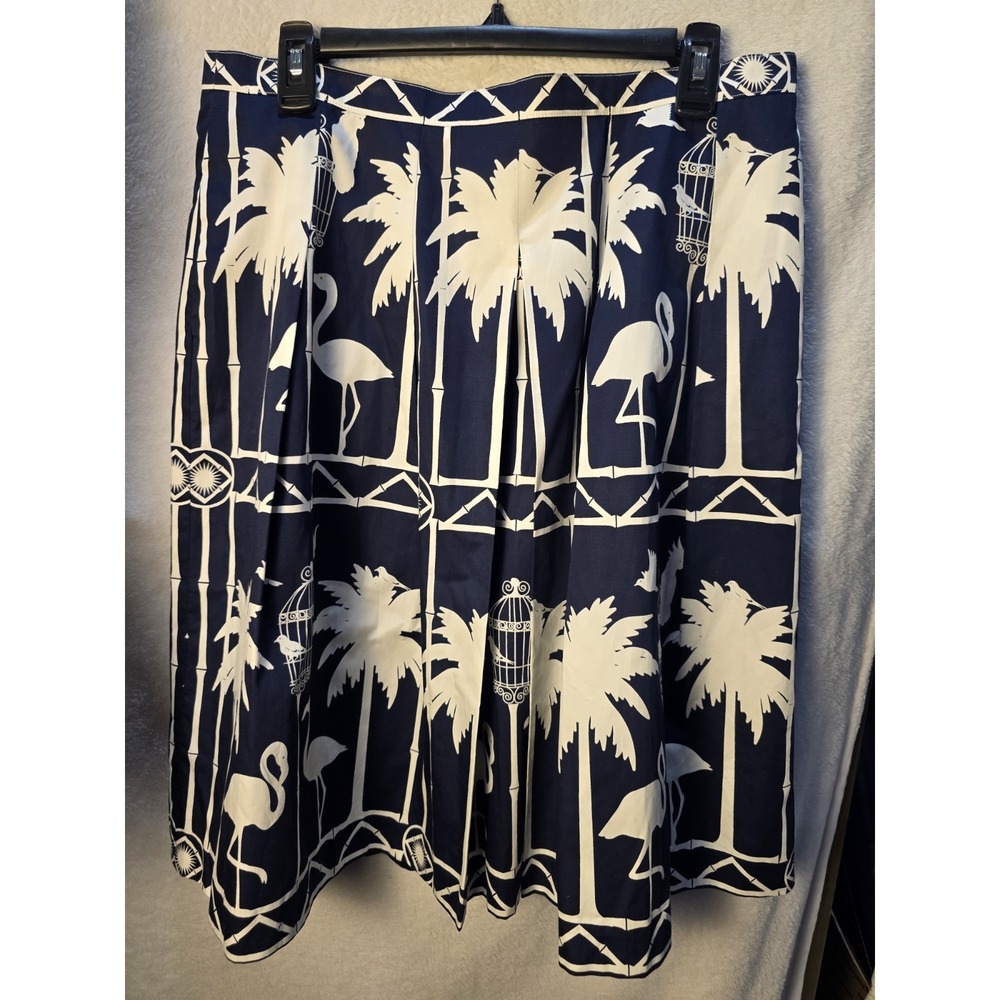 Talbots Pleated Skirt Flamingo Palm Tree Birdcage Navy Coastal Pockets Beach S12